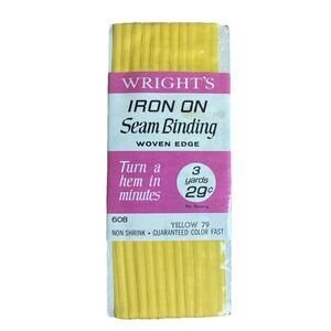 Wright's Iron On Seam Binding‎ Woven Edge 3 yds 608 Yellow 79 Rayon USA Vintage